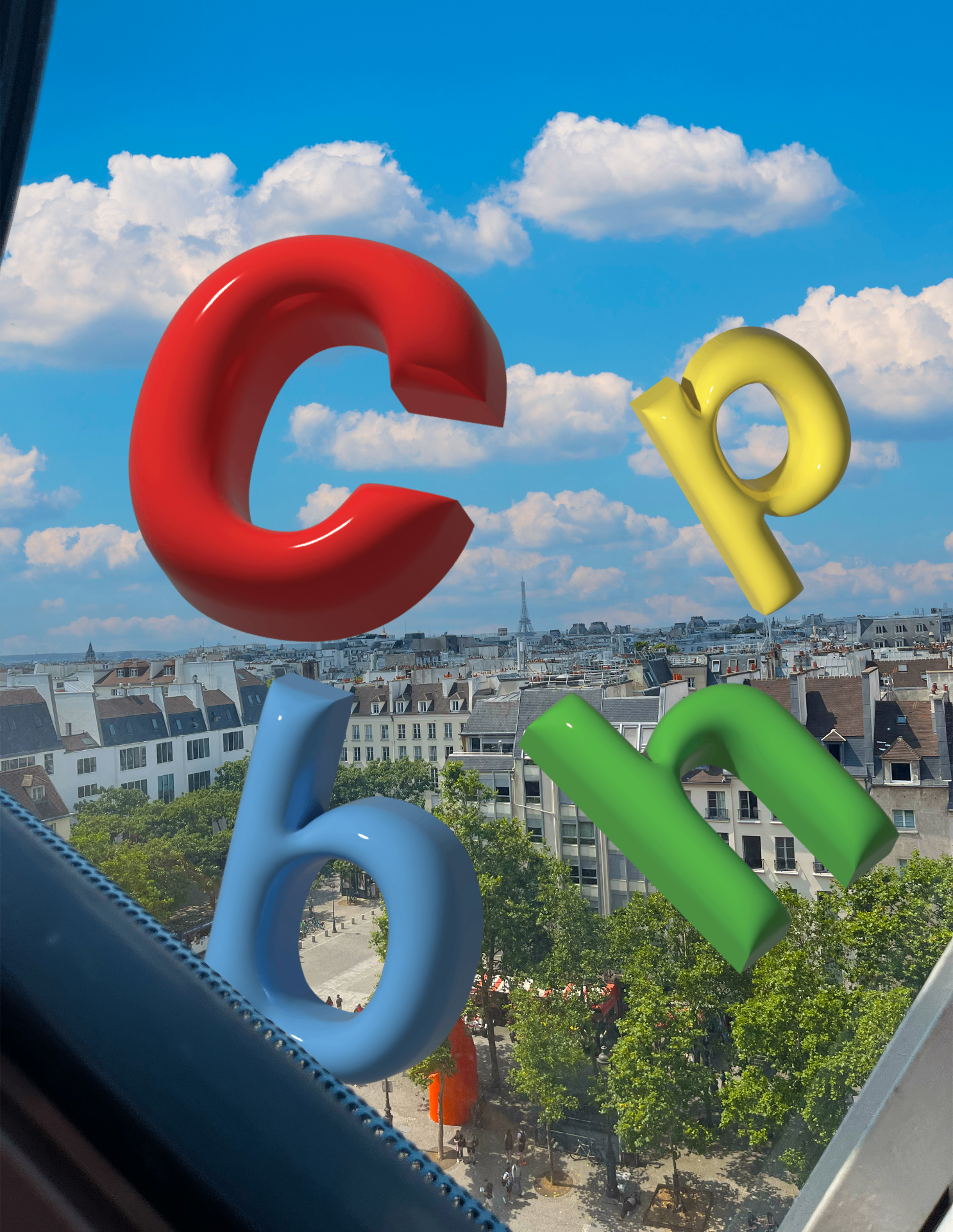 3D letters floating over Paris rooftops